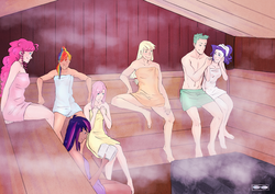 Size: 1024x724 | Tagged: safe, artist:demdoodles, applejack, fluttershy, pinkie pie, rainbow dash, rarity, spike, twilight sparkle, human, g4, barefoot, blushing, feet, female, holding hands, humanized, male, mane seven, mane six, naked towel, sauna, ship:sparity, shipping, sitting, smiling, steam, straight, towel