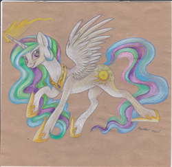 Size: 2460x2396 | Tagged: safe, artist:heather-west, princess celestia, g4, female, high res, magic, raised hoof, smiling, solo, traditional art