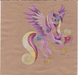 Size: 1024x986 | Tagged: safe, artist:heather-west, princess cadance, g4, female, flying, smiling, solo, traditional art