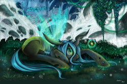 Size: 1800x1185 | Tagged: safe, artist:heather-west, queen chrysalis, changeling, changeling queen, g4, female, floppy ears, prone, sad, solo