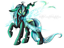Size: 1600x1200 | Tagged: safe, artist:heather-west, queen chrysalis, changeling, changeling queen, g4, crown, female, floppy ears, frown, jewelry, looking back, raised hoof, regalia, solo, transparent wings, wings
