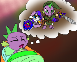 Size: 885x707 | Tagged: safe, artist:echidnajoe, rarity, spike, g4, clothes, crossover, dream, female, male, nintendo, shield, ship:sparity, shipping, sleeping, straight, sword, the legend of zelda, weapon