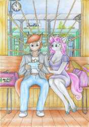 Size: 2456x3489 | Tagged: safe, artist:sinaherib, button mash, sweetie belle, anthro, g4, cleavage, duo, female, high res, male, older, ship:sweetiemash, shipping, straight, traditional art