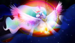 Size: 3500x2000 | Tagged: safe, artist:thegrumpyturtle, princess celestia, g4, action pose, elements of harmony, female, high res, raised hoof, solo, spread wings