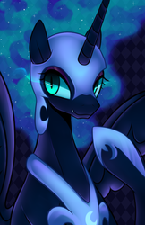 Size: 756x1169 | Tagged: safe, artist:maren, nightmare moon, g4, fangs, female, looking at you, raised hoof, solo