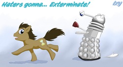 Size: 1600x873 | Tagged: safe, artist:ixbalam, doctor whooves, time turner, alien, earth pony, pony, g4, chase, crossover, dalek, doctor who, galloping, haters gonna hate, running, the doctor