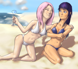 Size: 1950x1720 | Tagged: safe, artist:tehursus, fluttershy, twilight sparkle, human, g4, beach, female, humanized, lesbian, ship:twishy, shipping, sun