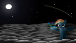 Size: 1922x1082 | Tagged: safe, artist:izeer, rainbow dash, g4, cloud, cloudy, female, full moon, moon, night, night sky, shooting star, solo, spread wings, stars