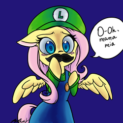 Size: 1200x1200 | Tagged: safe, artist:ryephoenix, artist:twizzle, fluttershy, pony, g4, bipedal, blushing, clothes, color, crossover, cute, female, floppy ears, luigi, male, moustache, overalls, shyabetes, simple background, solo, spread wings, super mario, surprised, wide eyes