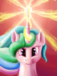 Size: 1280x1706 | Tagged: safe, artist:kingsleyrulz, princess celestia, g4, concentrating, female, looking at you, magic, smirk, solo, wip