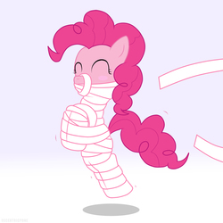 Size: 2500x2500 | Tagged: dead source, safe, artist:greaterlimit, pinkie pie, earth pony, pony, g4, blush sticker, blushing, bondage, chase, eyes closed, female, happy, high res, hopping, mummification, mummified, mummy, scared, solo