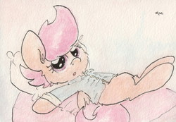 Size: 989x684 | Tagged: safe, artist:slightlyshade, scootaloo, g4, bed, clothes, female, pajamas, solo, traditional art
