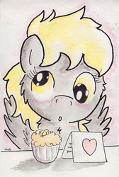Size: 737x1099 | Tagged: safe, artist:slightlyshade, derpy hooves, pegasus, pony, g4, blushing, female, muffin, solo, traditional art