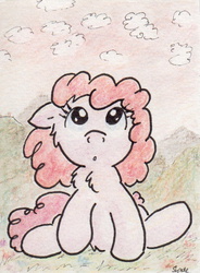 Size: 439x595 | Tagged: safe, artist:slightlyshade, pinkie pie, g4, :o, chest fluff, cloud, cloudy, female, floppy ears, looking up, open mouth, sitting, solo, traditional art