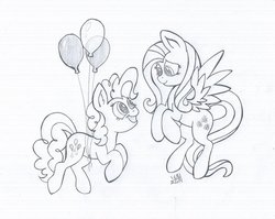 Size: 1024x815 | Tagged: safe, artist:cyanyeh, fluttershy, pinkie pie, earth pony, pegasus, pony, g4, balloon, floating, flying, grayscale, grin, looking at each other, monochrome, smiling, spread wings, then watch her balloons lift her up to the sky, traditional art, wings