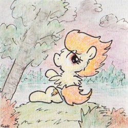 Size: 356x356 | Tagged: safe, artist:slightlyshade, spitfire, pegasus, pony, g4, clothes, female, forest, lake, solo, swimsuit, traditional art, wonderbolts