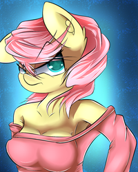 Size: 1024x1280 | Tagged: safe, artist:madacon, fluttershy, anthro, g4, angry, armpits, breasts, busty fluttershy, clothes, ear fluff, female, off shoulder, solo, sweater, sweatershy, unamused