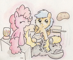 Size: 792x645 | Tagged: safe, artist:slightlyshade, derpy hooves, pinkie pie, oc, oc:scrollflitter, pegasus, pony, g4, candy, cooking, kitchen, pancakes, traditional art