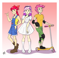 Size: 1500x1462 | Tagged: safe, artist:mono-phos, apple bloom, scootaloo, sweetie belle, human, g4, boots, clothes, cutie mark crusaders, dress, elbow pads, helmet, humanized, knee pads, kneesocks, overalls, scooter, shirt, smiling, socks, tank top, top, wink