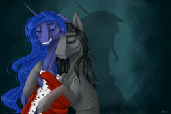 Size: 2000x1333 | Tagged: safe, artist:holka13, king sombra, princess luna, alicorn, pony, unicorn, g4, broken horn, crying, floppy ears, horn, hug, royal cape, ship:lumbra, shipping