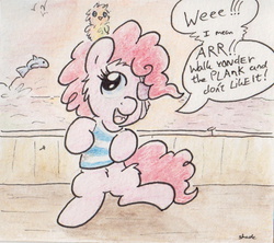 Size: 608x541 | Tagged: safe, artist:slightlyshade, pinkie pie, fish, parrot, g4, boat, clothes, eyepatch, female, ocean, shirt, solo, traditional art