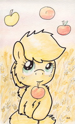 Size: 728x1201 | Tagged: safe, artist:slightlyshade, applejack, g4, apple, blushing, cute, female, freckles, jackabetes, solo, traditional art