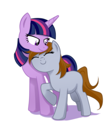 Size: 1280x1412 | Tagged: safe, artist:kare-valgon, twilight sparkle, oc, oc:littlepip, pony, unicorn, fallout equestria, g4, blank flank, crossover, eyes closed, fanfic, fanfic art, female, friendshipping, happy, hooves, horn, mare, simple background, smiling, transparent background