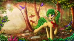 Size: 2507x1410 | Tagged: safe, artist:yakovlev-vad, oc, oc only, oc:duchess, bird, butterfly, pony, art, awww, clothes, commission, cute, cutie mark, cyrillic, detailed, digital art, female, flower, forest, green mane, happy, mare, ocbetes, puddle, rain, russian, scarf, scenery, scenery porn, sign, smiling, solo, tree