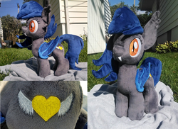 Size: 1110x810 | Tagged: safe, artist:bakufoon, oc, oc only, oc:speck, bat pony, pony, irl, multiple views, outdoors, photo, plushie, solo