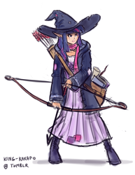 Size: 986x1280 | Tagged: safe, artist:king-kakapo, twilight sparkle, elf, human, g4, 30 minute art challenge, arrow, book, bow (weapon), clothes, dress, elf ears, fantasy class, female, hat, humanized, quiver, satchel, scarf, scroll, solo, unicorns as elves, witch hat