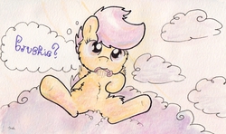 Size: 1145x679 | Tagged: safe, artist:slightlyshade, scootaloo, g4, brushie, cloud, cloudy, comb, cute, cutealoo, female, fluffy, looking at you, mouth hold, on back, smiling, solo, spread wings, thought bubble, traditional art, underhoof