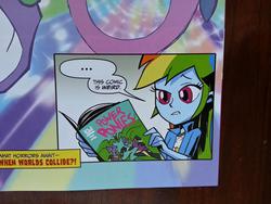 Size: 3264x2448 | Tagged: safe, artist:ben bates, idw, mane-iac, rainbow dash, equestria girls, g4, spoiler:comic, spoiler:comicannual2014, clothes, cropped, female, high res, photo, power ponies, ted anderson
