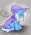 Size: 900x1000 | Tagged: safe, artist:ashthepegasus, trixie, pony, unicorn, g4, blushing, cape, clothes, curved horn, cute, dialogue, diatrixes, female, great and powerful, hat, horn, mare, profile, sitting, solo, speech bubble, talking to viewer, third person, trixie's cape, trixie's hat, tsundere, tsunderixie