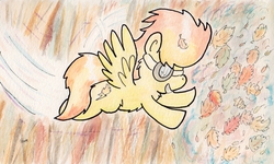 Size: 1182x710 | Tagged: safe, artist:slightlyshade, spitfire, pegasus, pony, g4, autumn, female, flying, goggles, leaves, solo, traditional art, wonderbolts