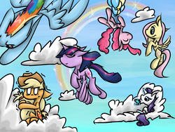 Size: 2000x1500 | Tagged: safe, artist:55sodapop, applejack, fluttershy, pinkie pie, rainbow dash, rarity, twilight sparkle, alicorn, pony, g4, balloon, cloud, cloudy, cup, drink, drinking, eyes closed, female, floppy ears, flying, levitation, magic, mane six, mare, on a cloud, rainbow, scared, shaking, smiling, spread wings, telekinesis, then watch her balloons lift her up to the sky, twilight sparkle (alicorn)