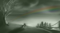 Size: 1191x670 | Tagged: safe, artist:taggerung, pegasus, pony, bridge, city, rainbow