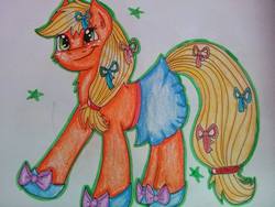 Size: 960x720 | Tagged: safe, artist:teya, applejack, earth pony, pony, g4, cute, fashion disaster, fashion style, female, solo, tomboy taming