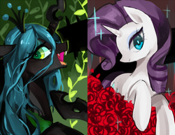 Size: 800x619 | Tagged: safe, artist:beta24, queen chrysalis, rarity, changeling, changeling queen, unicorn, g4, cheeselegs, crown, fangs, horn, jewelry, looking at you, regalia, rose, vine