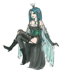 Size: 838x1000 | Tagged: safe, artist:king-kakapo, queen chrysalis, human, g4, boots, clothes, corset, dress, elf ears, evening gloves, female, fingerless gloves, gloves, humanized, side slit, solo, stockings