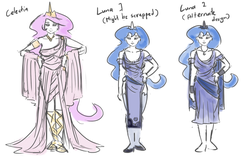 Size: 1280x805 | Tagged: safe, artist:king-kakapo, princess celestia, princess luna, human, g4, barefoot, clothes, design, dress, feet, humanized, jewelry, lidded eyes, necklace, reference sheet, smiling, socks, thigh highs