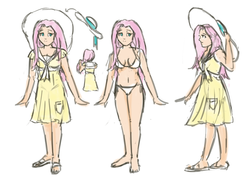 Size: 1000x734 | Tagged: safe, artist:king-kakapo, fluttershy, human, g4, barefoot, belly button, bikini, clothes, design, feet, female, hat, humanized, partially undressed, reference sheet, sandals, solo, swimsuit