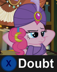 Size: 310x393 | Tagged: safe, screencap, pinkie pie, g4, it's about time, my little pony: friendship is magic, doubt, exploitable meme, female, gypsy pie, image macro, l.a. noire, madame pinkie, meme, press x to doubt, reaction image, romani, solo, suspicious face, turban, unamused