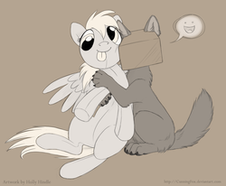 Size: 1030x850 | Tagged: safe, artist:cunningfox, derpy hooves, oc, pegasus, pony, wolf, g4, brown background, female, hug, mare, non-mlp oc, plushie, simple background