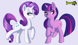 Size: 1000x580 | Tagged: safe, artist:rocketraptor, rarity, twilight sparkle, pony, unicorn, g4, duo, light blue background, looking away, looking back, raised hoof, simple background, unicorn twilight