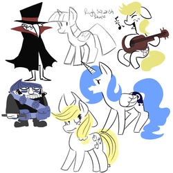 Size: 1280x1280 | Tagged: safe, artist:fauxsquared, applejack, princess luna, twilight sparkle, alicorn, human, pony, g4, female, guitar, mare, s1 luna, sketch dump, twilight sparkle (alicorn)