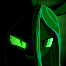 Size: 1000x1000 | Tagged: safe, artist:ponyecho, queen chrysalis, changeling, changeling queen, g4, evil smile, female, glowing eyes, grin, show accurate, solo