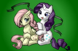 Size: 1216x800 | Tagged: safe, artist:misskatto, edit, fluttershy, rarity, g4, braid, colored, duo, makeover, ribbon, simple background, sitting