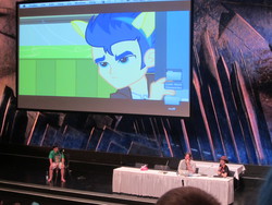 Size: 1600x1200 | Tagged: safe, flash sentry, human, galacon, equestria girls, g4, 2014, convention, irl, irl human, larson you magnificent bastard, m.a. larson, panel, photo, stage, troll