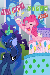 Size: 3000x4500 | Tagged: safe, artist:template93, pinkie pie, princess luna, g4, birthday, birthday cake, cake, candle, commission, cute, fire, hat, party hat, popping out of a cake, present