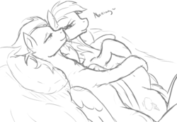 Size: 1105x761 | Tagged: safe, artist:patch, rainbow dash, soarin', g4, bed, belly, cuddling, dialogue, female, hug, male, messy mane, monochrome, morning ponies, on side, preggo dash, pregnant, ship:soarindash, shipping, sketch, smiling, spooning, straight